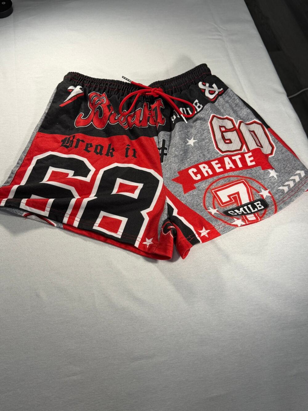 Y2K Red Black Gray Graphic 69 Drawstring Shorts